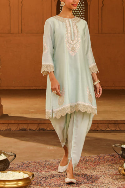 Misty green floral embroidered short kurta set