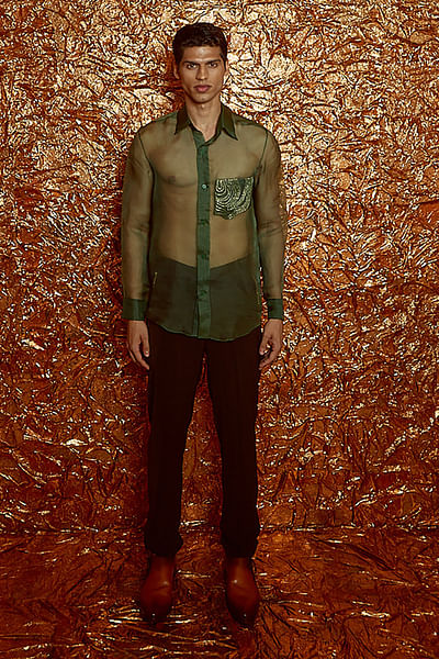Moss green and brown shirt and pant