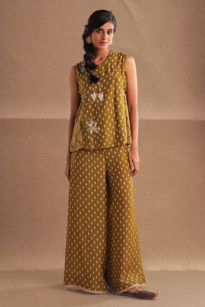 Moss green bird embroidered printed co-ords