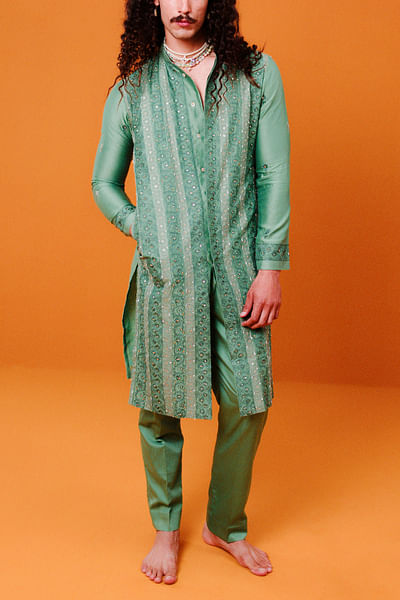 Moss green floral aari embroidered kurta set
