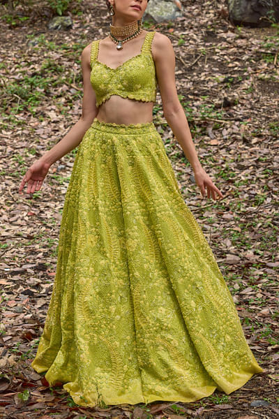 Moss green floral embroidered lehenga set