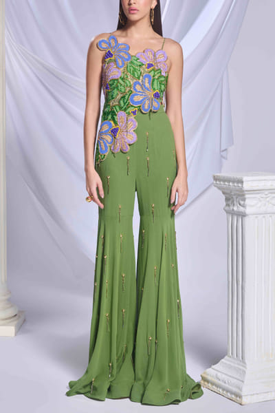 Moss green floral embroidered top and sharara set