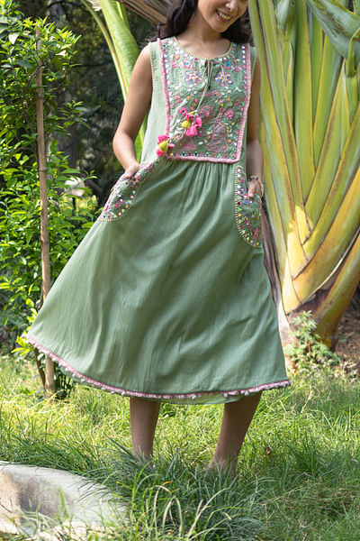 Moss green floral mirror embroidered dress