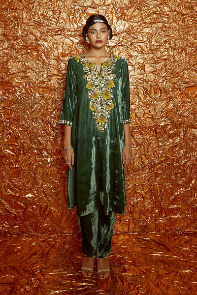 Moss green hand embroidered kurta set