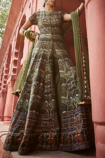 Moss green kalamkari print jacket sharara set