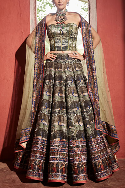 Moss green peacock kalamkari print lehenga set
