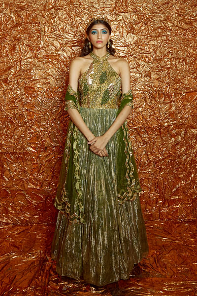 Moss green printed anarkali set