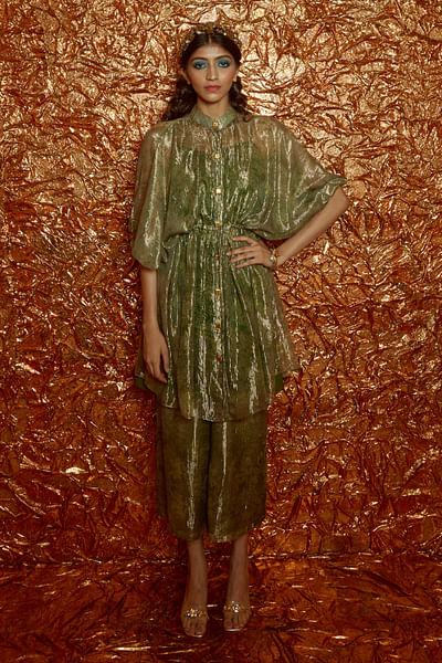 Moss green printed kaftan set
