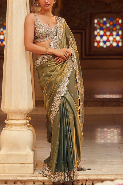 Moss green zari embroidered sari set