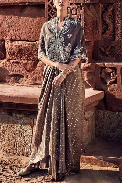 Mouse embroidery pre-stitched draped sari set