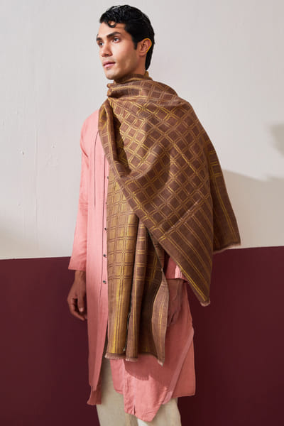 Shaza Mud brown checkered stole SHAFEB25D317665