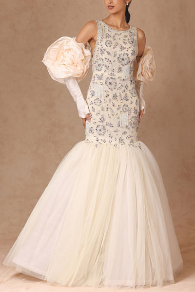 Multi-coloured tulle crystal bridal gown