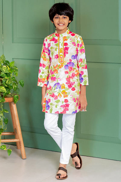 Multicolor printed chanderi silk kurta set