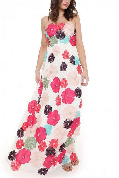 Multicolour 3D floral embroidered maxi dress