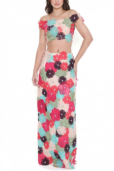 Multicolour 3D floral embroidered skirt set