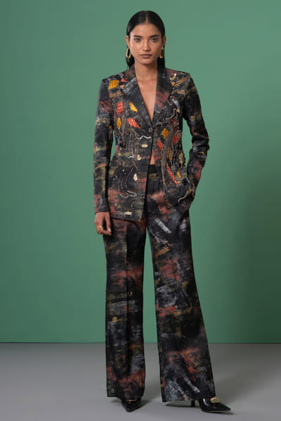 Multicolour abstract print embroidered blazer
