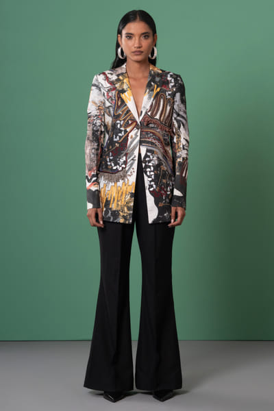 Multicolour abstract printed embroidered blazer