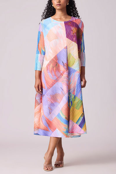 Multicolour abstract printed pleated dress
