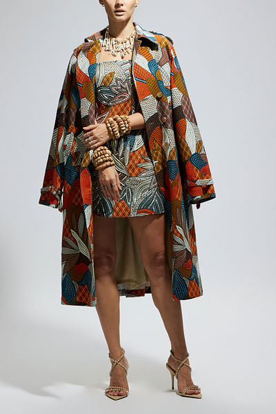 Multicolour abstract printed trench coat