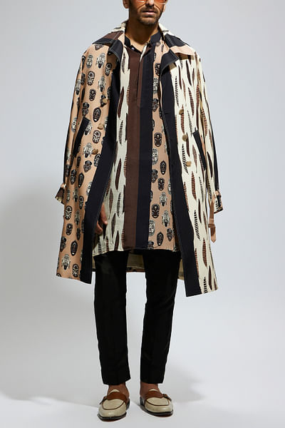 Multicolour artistic mask printed trench coat
