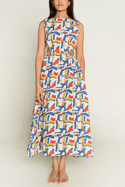 Multicolour artsy block print cut out dress