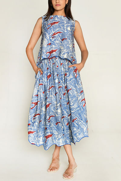 Multicolour artsy block printed skirt set
