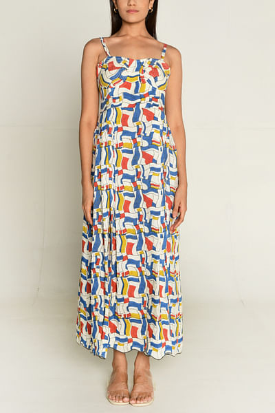 Multicolour artsy block printed strappy dress
