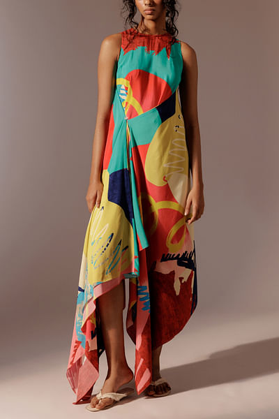 Multicolour artsy print draped maxi dress