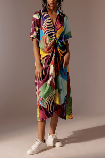 Multicolour artsy print draped shirt dress