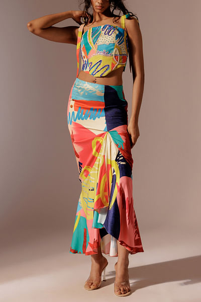 Multicolour artsy print draped skirt
