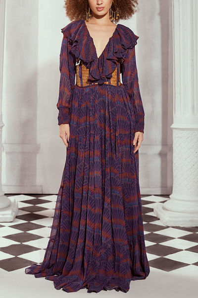 Multicolour artsy print frilled maxi dress set