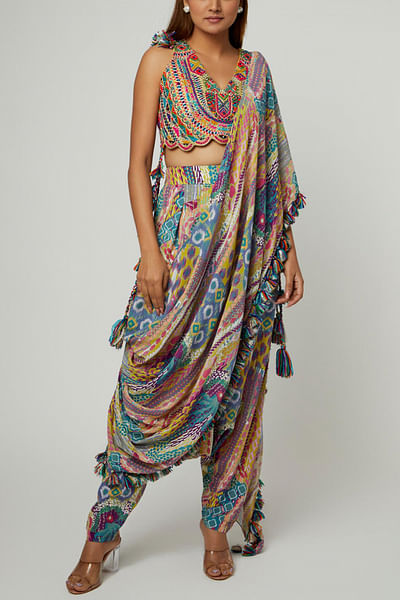 Multicolour artsy print pant sari set