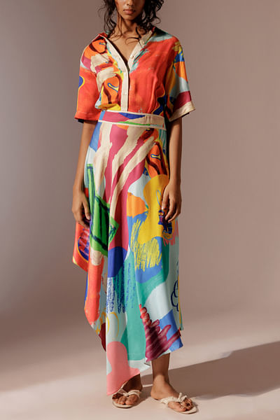 Multicolour artsy print shirt dress
