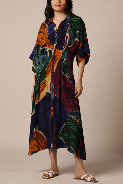 Multicolour artsy printed kimono shirt dress
