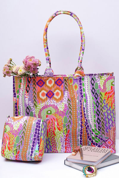 Multicolour artsy printed large tote bag