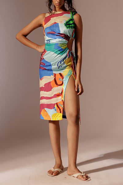 Multicolour artsy printed midi dress