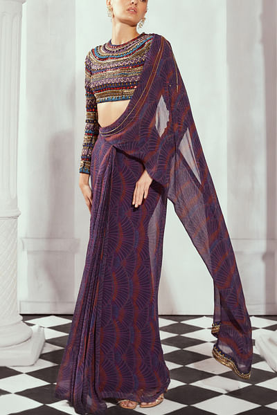 Multicolour artsy printed pre-draped sari