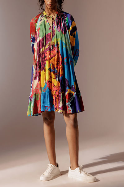 Multicolour artsy printed tiered dress