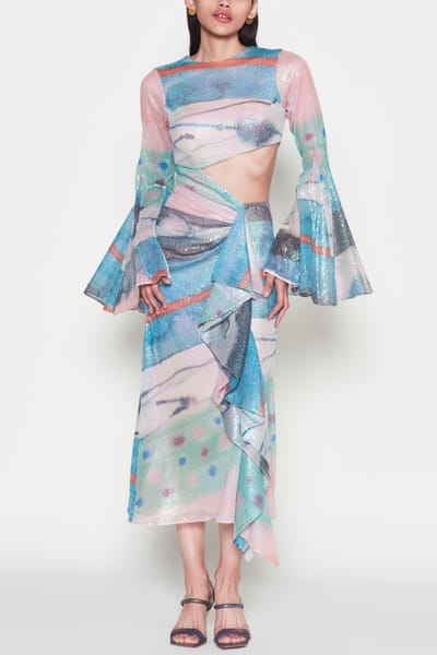 Multicolour aurora print ruffled sequin dress