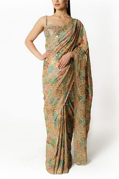 Multicolour bandhani print embroidery sari set