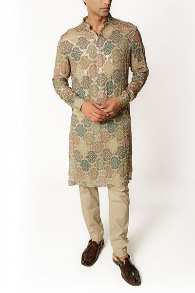 Multicolour bandhani print sequin kurta set