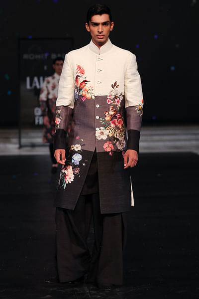 Multicolour bird and floral printed sherwani