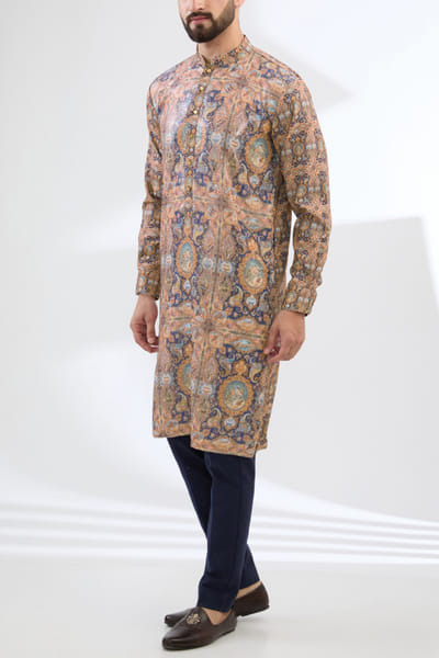 Multicolour bird printed sequinned kurta set