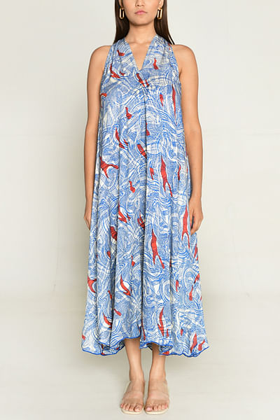 Multicolour block print halter neck maxi