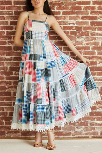 Multicolour check patchwork tiered long dress
