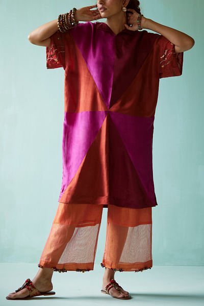 Multicolour colour block embroidered kurta set