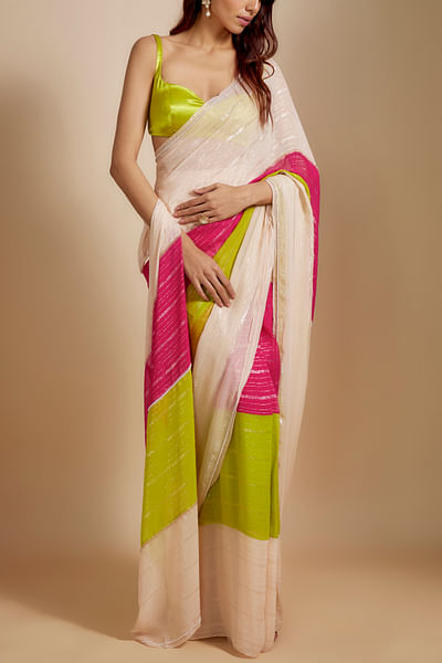 Multicolour colour block sari set