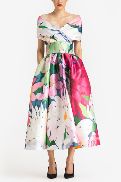 Multicolour dahlia printed draped dress