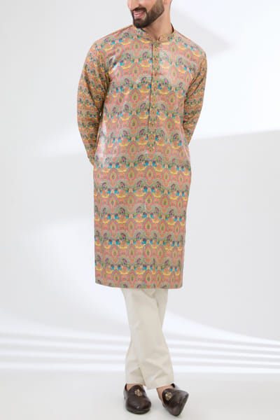 Multicolour elephant print sequinned kurta set