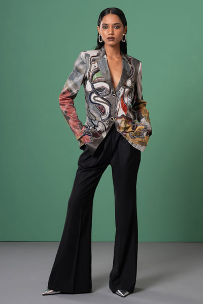 Multicolour embroidered abstract print blazer